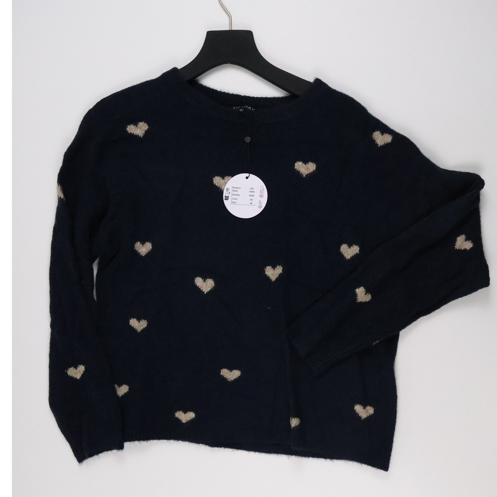 Sunday Heart Intarsia Crewneck Sweater Navy Blue Heart Pattern Size M NWT